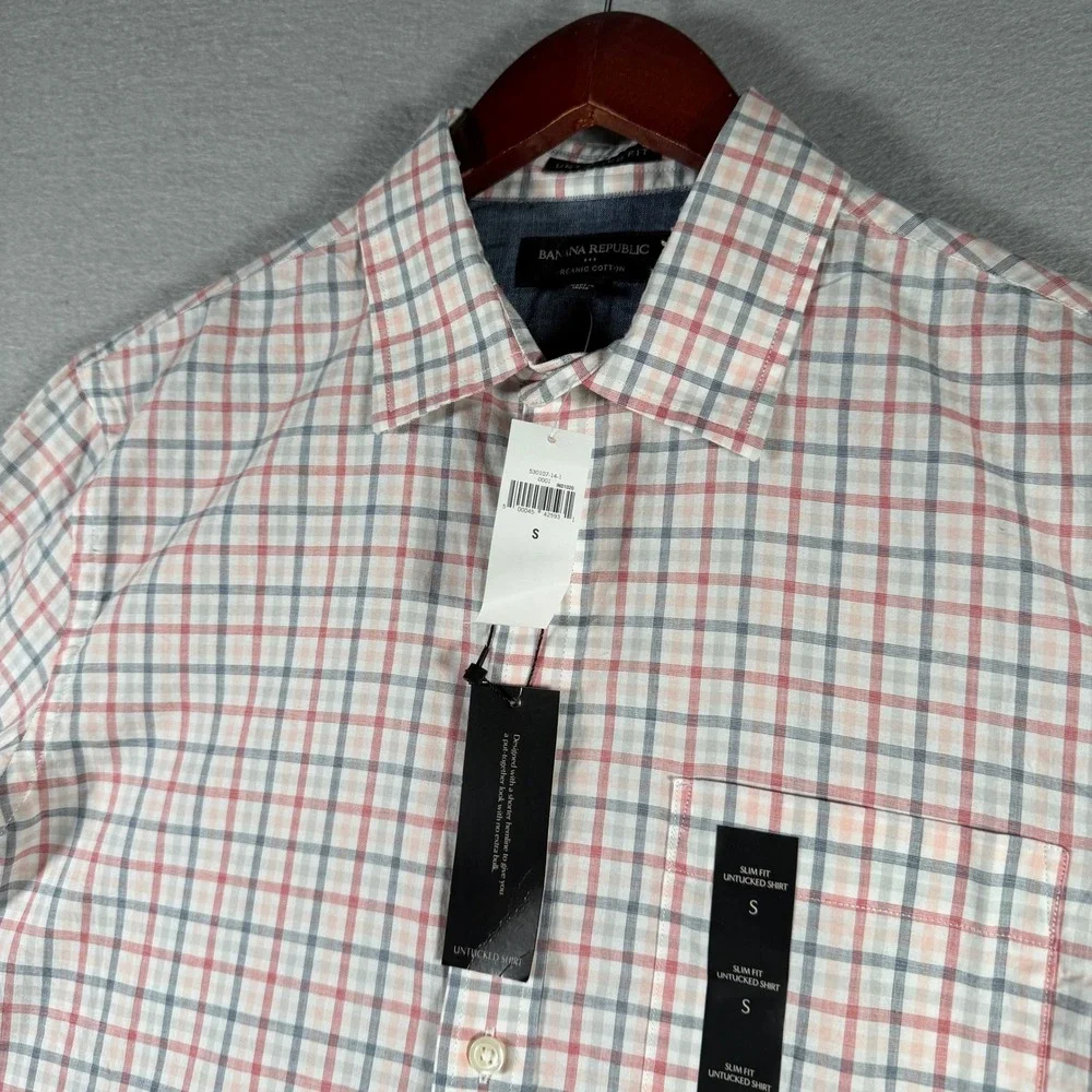 Banana Republic Mens Slim Untucked Fit Organic Cotton Plaid Shirt Red White S